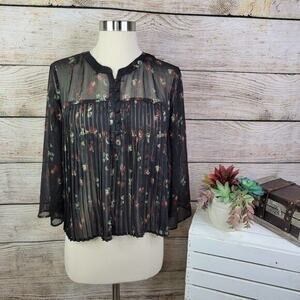 NWT Avec Les Filles Accordion Pleated Sheer Floral‎ Black Blouse Medium